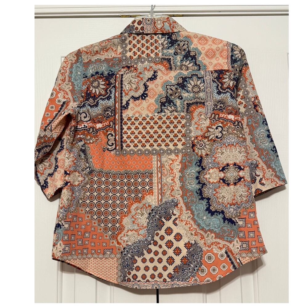 Chico's Multi-Color Patchwork Print No-Iron Blouse, Size 0 - Picture 2 of 5